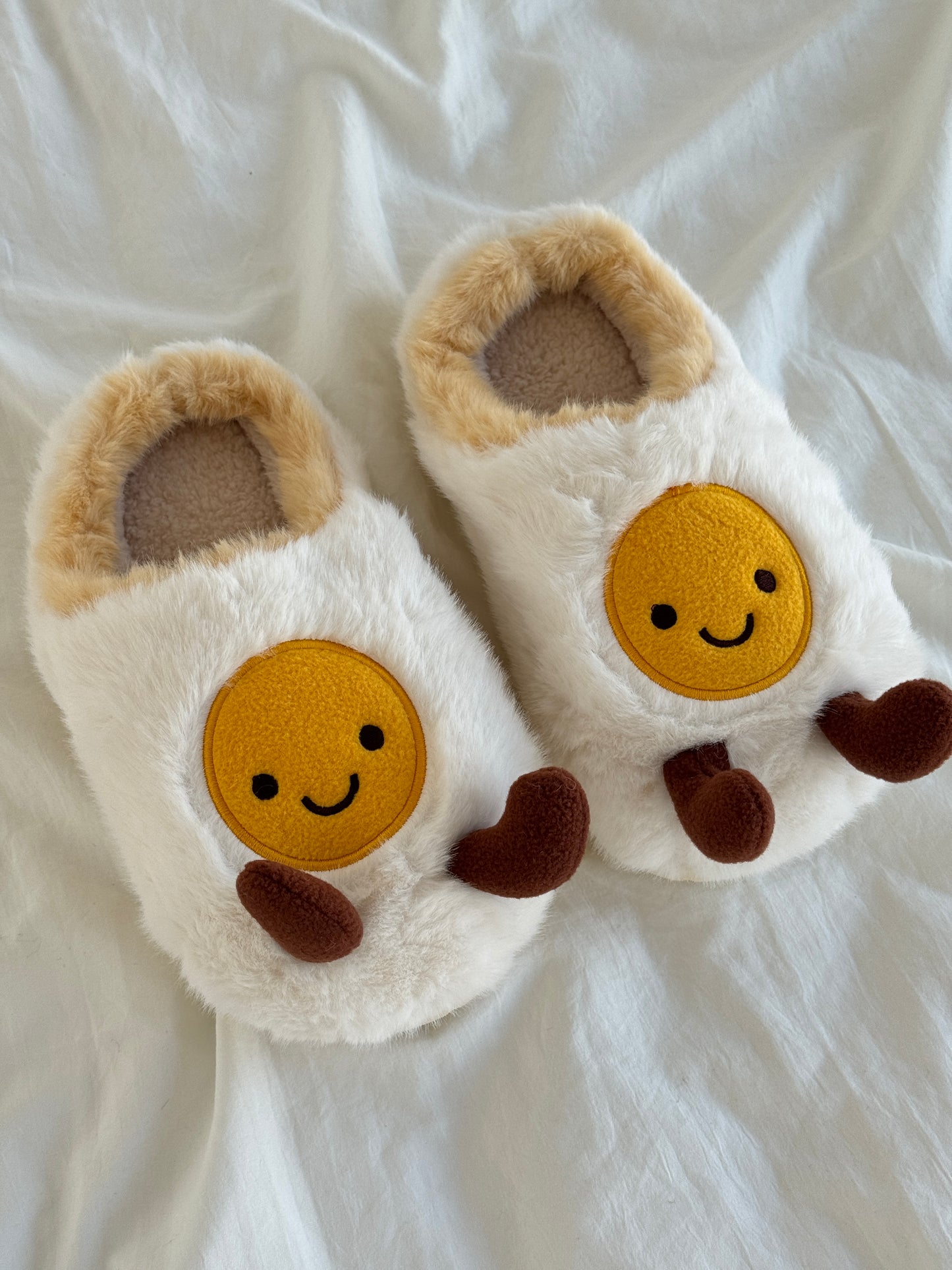 Fried Egg Fuzzy Scuff Slippers Soft Comfy Memory Foam Non-slip Indoor House Shoes