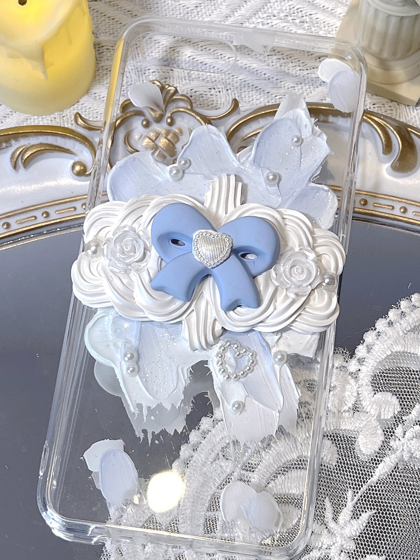 Baroque | Blue Vintage DIY Decoden Handmade Custom Cream Phone Case for iPhone Samsung | Phone Cover Accessories