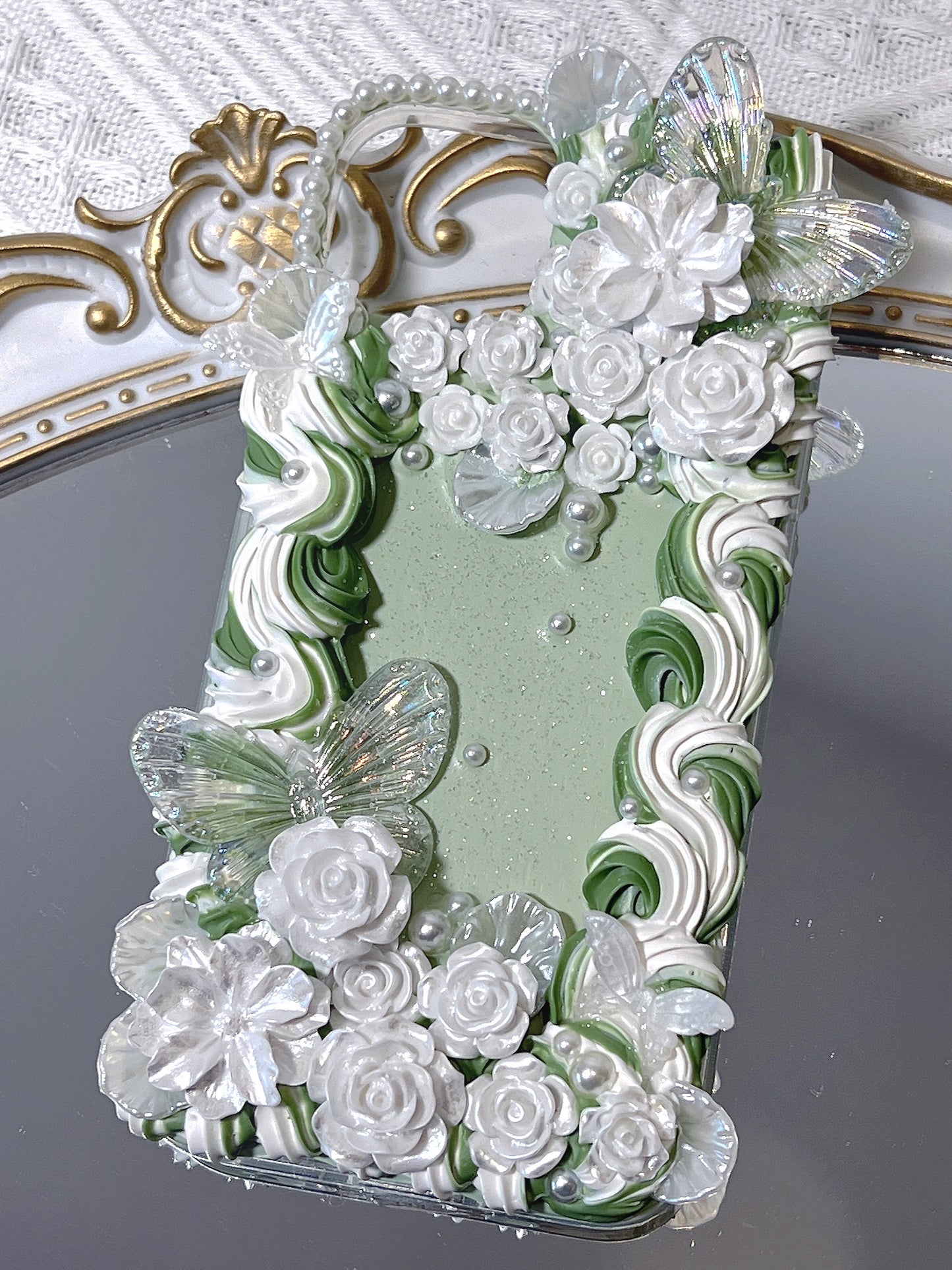 Baroque | Green Vintage DIY Decoden Handmade Custom Cream Phone Case for iPhone Samsung | Phone Cover Accessories