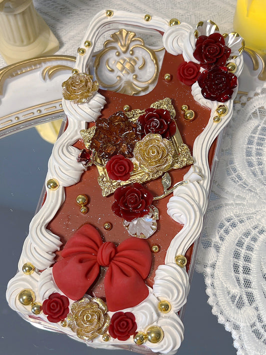Baroque | Red Vintage DIY Decoden Handmade Custom Cream Phone Case for iPhone Samsung | Phone Cover Accessories